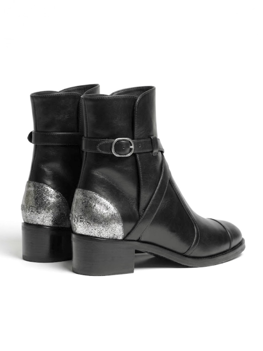 CHANEL Black Leather Silver Heel Logo Buckle Biker Ankle Boots Size 41